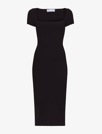 Flat image of Rib Knit Short Sleeve Dress in black