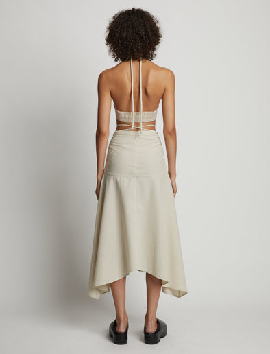 Back image of model wearing Gingham Halter Bralette in buttercream/fawn