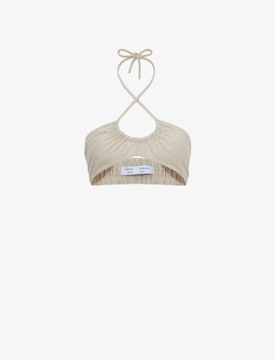 Flat image of Gingham Halter Bralette in buttercream/fawn