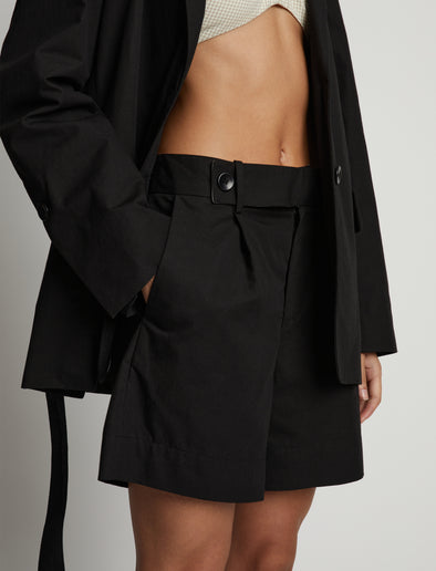 Detail image of model wearing Cotton Linen Shorts in black