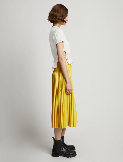 Side image of model wearing Side Slit T-Shirt in off white