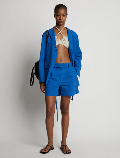 Front image of model wearing Cotton Linen Shorts in cerulean