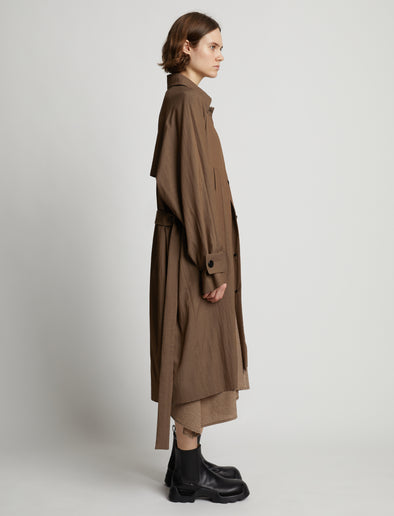 Side image of model wearing Drapey Suiting Trench Coat in coffee