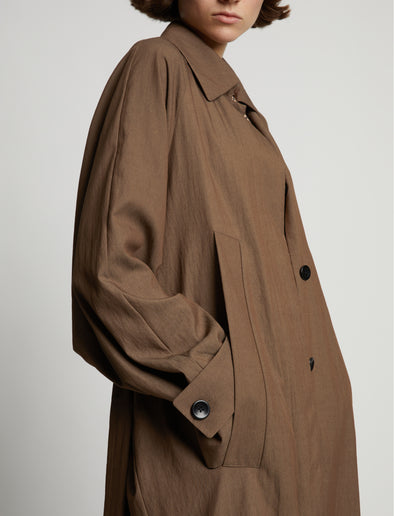Detail image of model wearing Drapey Suiting Trench Coat in coffee