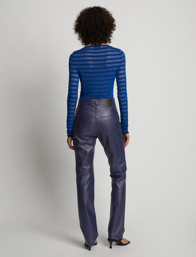 Back image of model wearing Leather Straight Pant in cobalt