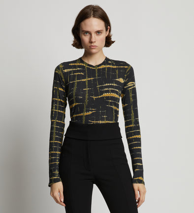 Cropped front image of model wearing Tie Dye Long Sleeve T-Shirt in black multi