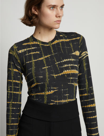 Detail image of model wearing Tie Dye Long Sleeve T-Shirt in black multi