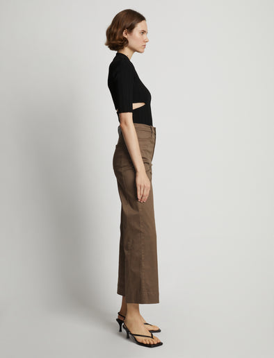 Side image of model wearing Cotton Twill Culottes in coffee