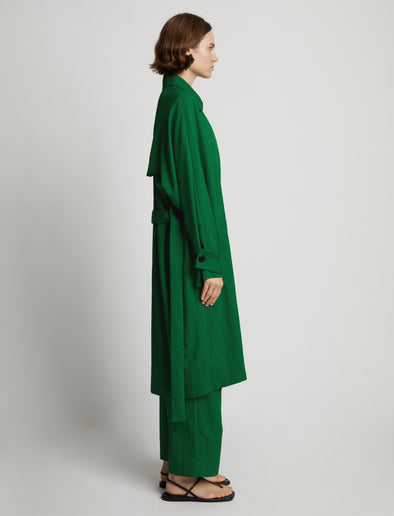 Side image of model wearing Drapey Suiting Trench Coat in green