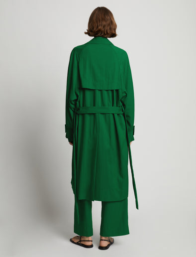 Back image of model wearing Drapey Suiting Trench Coat in green