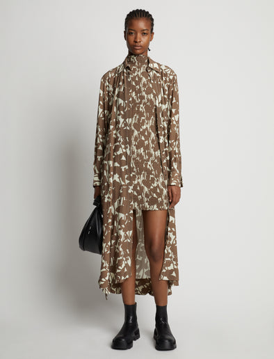 Front image of model wearing Printed Long Sleeve Shirt Dress in buttercream/coffee