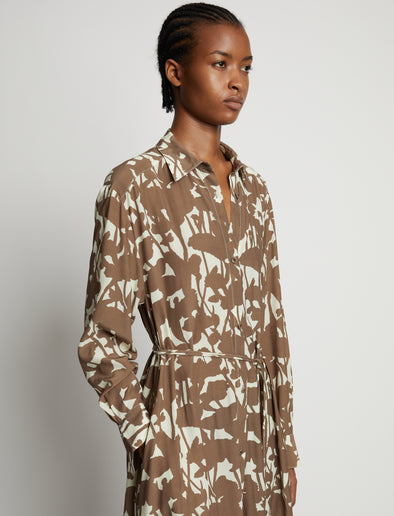Detail image of model wearing Printed Long Sleeve Shirt Dress in buttercream/coffee