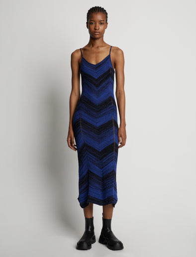 Front image of model wearing Marled Stripe Knit Maxi Dress in cerulean/black