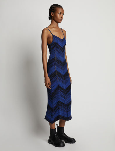 Side image of model wearing Marled Stripe Knit Maxi Dress in cerulean/black