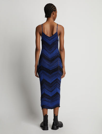 Back image of model wearing Marled Stripe Knit Maxi Dress in cerulean/black
