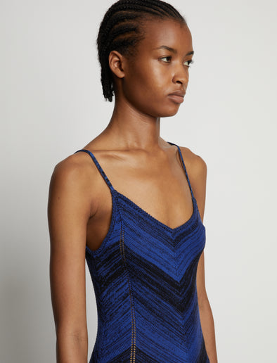 Detail image of model wearing Marled Stripe Knit Maxi Dress in cerulean/black
