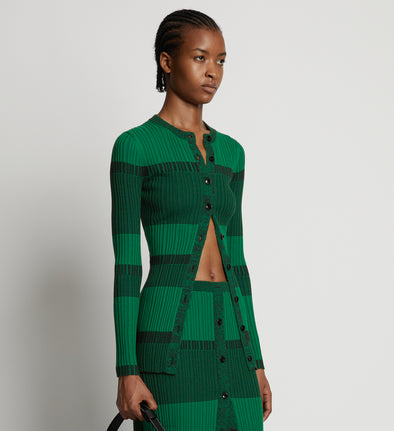 Cropped front image of model wearing Mini Stripe Cardigan in green/black