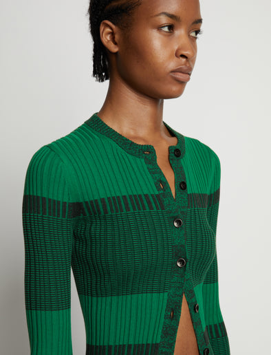 Detail image of model wearing Mini Stripe Cardigan in green/black