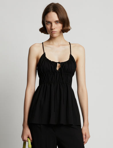 Cropped front image of model wearing Drapey Suiting Ruched Top in black