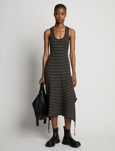 Front image of model wearing Stripe Rib Sleeveless Dress in black/mushroom