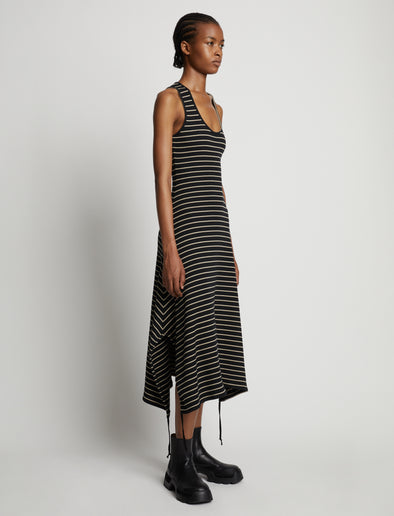 Side image of model wearing Stripe Rib Sleeveless Dress in black/mushroom