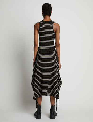 Back image of model wearing Stripe Rib Sleeveless Dress in black/mushroom