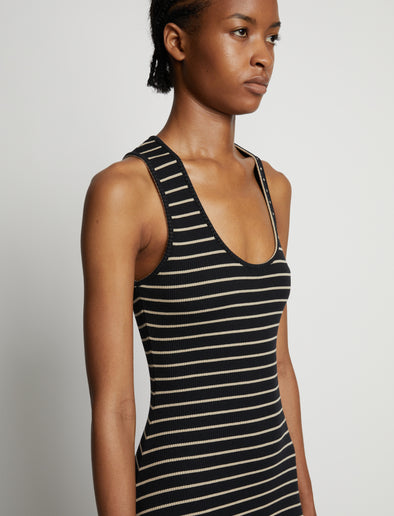 Detail image of model wearing Stripe Rib Sleeveless Dress in black/mushroom