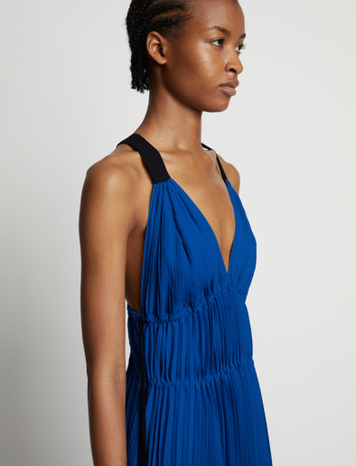 Detail image of model wearing Broomstick Pleated Tank Dress in cerulean