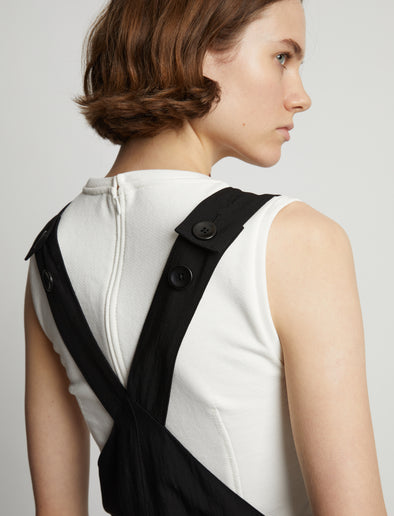 Detail image of model wearing Drapey Suiting Wide Leg Jumpsuit in black