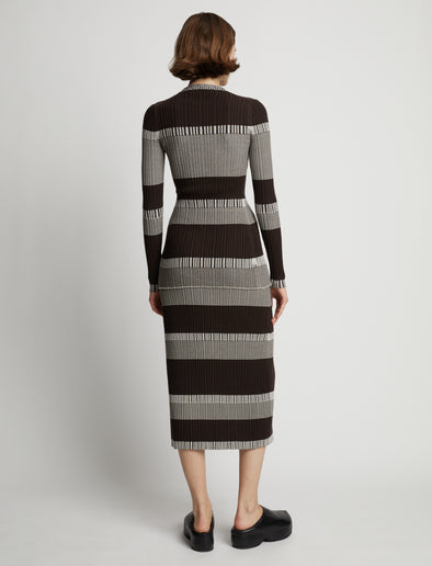Back image of model wearing Mini Stripe Cardigan in dark brown/off white