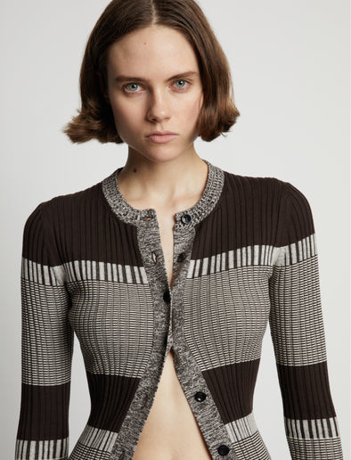 Detail image of model wearing Mini Stripe Cardigan in dark brown/off white