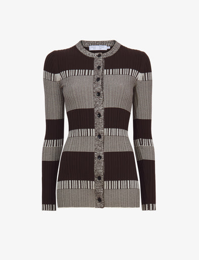 Flat image of Mini Stripe Cardigan in dark brown/off white