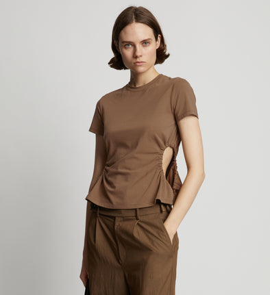 Cropped front image of model wearing Side Slit T-Shirt in coffee