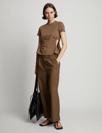 Front image of model wearing Side Slit T-Shirt in coffee