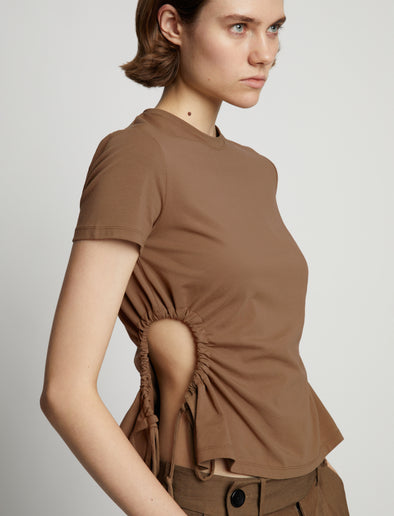 Detail image of model wearing Side Slit T-Shirt in coffee