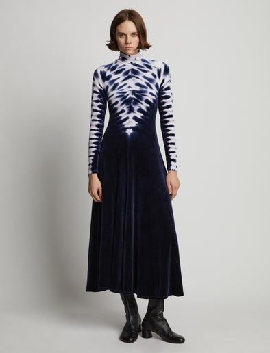 Front image of model wearing Tie Dye Velvet Dress in midnight multi
