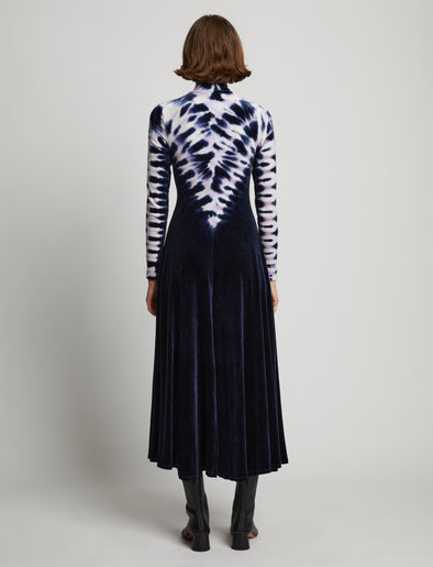 Back image of model wearing Tie Dye Velvet Dress in midnight multi