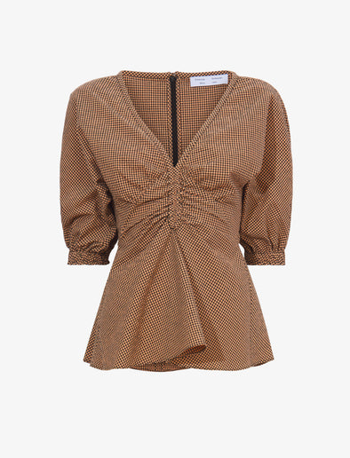 Flat image of Gingham Long Sleeve Peplum Top in coral/black