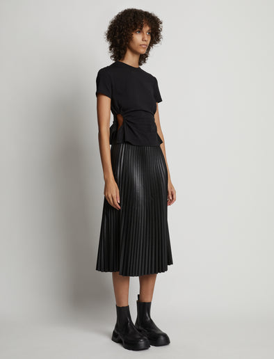 Side image of model wearing Side Slit T-Shirt in black