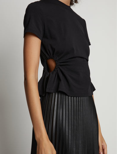 Detail image of model wearing Side Slit T-Shirt in black