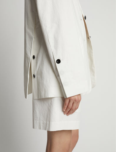Detail image of model wearing Cotton Linen Blazer in off white