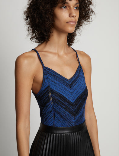 Detail image of model wearing Marled Stripe Body Suit in cerulean/black