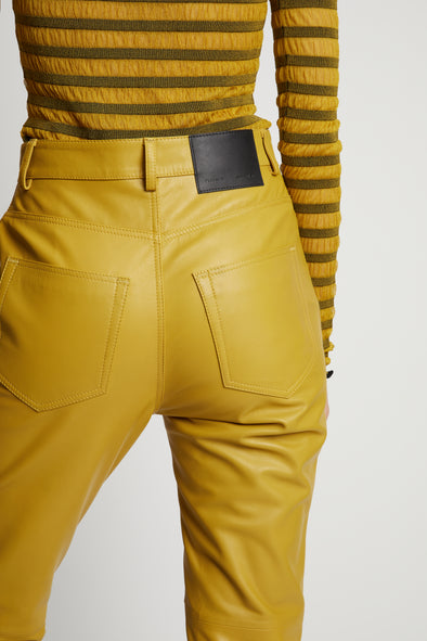 Detail image of model wearing Leather Straight Pant in sulphur