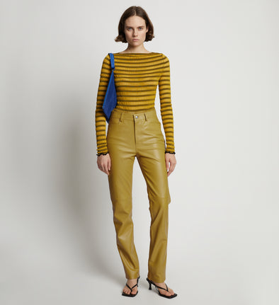 Front image of model wearing Leather Straight Pant in sulphur