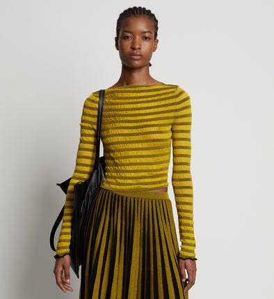 Cropped front image of model wearing Sheer Stripe Sweater in sulphur/black