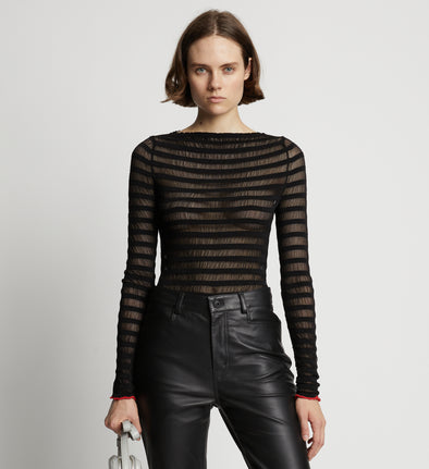 Cropped front image of model wearing Sheer Stripe Sweater in black/red