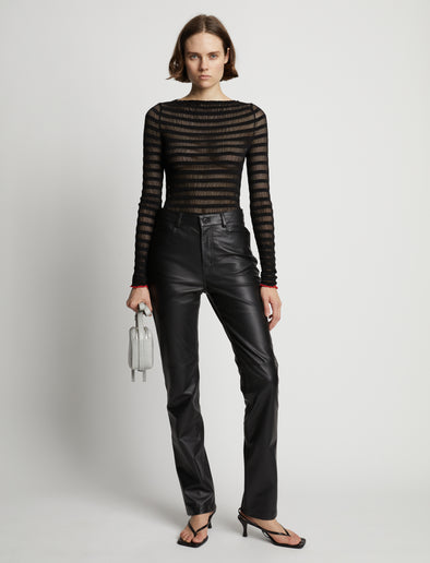 Front image of model wearing Sheer Stripe Sweater in black/red
