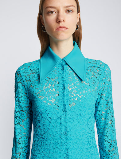 Detail image of model wearing Stretch Lace Shirt Dress in cyan