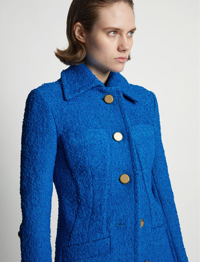Detail image of model wearing Boucle Tweed Jacket in turquoise