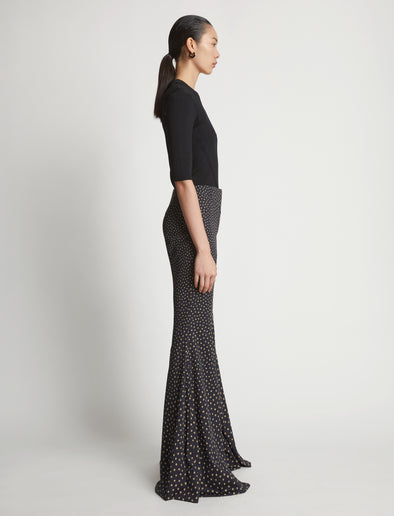 Side image of model in Printed Dot Cady Pants in khaki multi